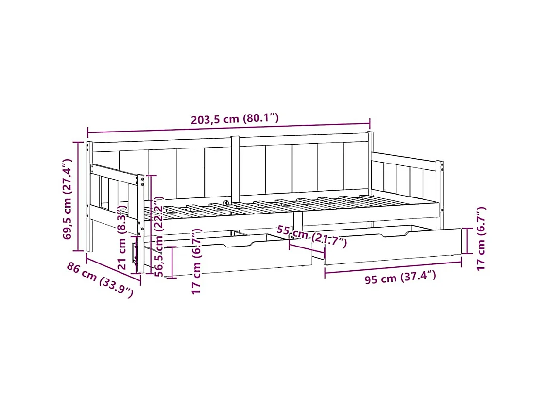 Lit de jour avec tiroirs sans matelas 80x200 cm bois massif
