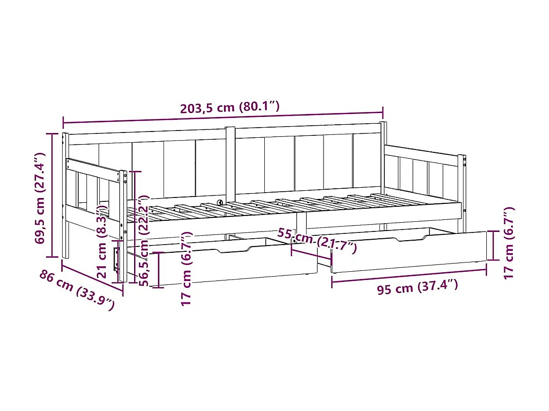 Tagesbett mit Schubladen 80x200 cm Massivholz Kiefer