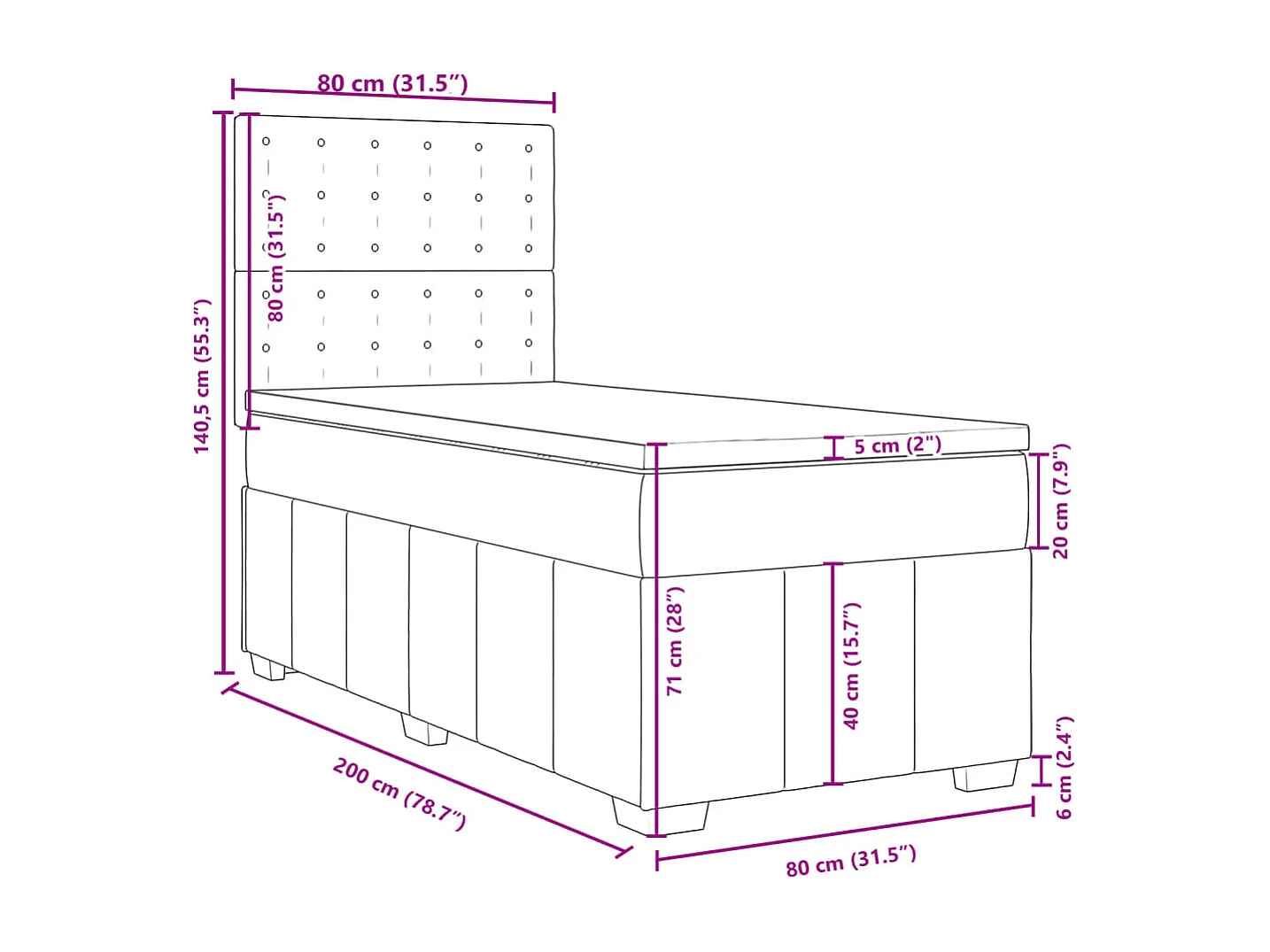 Cama box spring con colchón tela gris claro 80x200 cm
