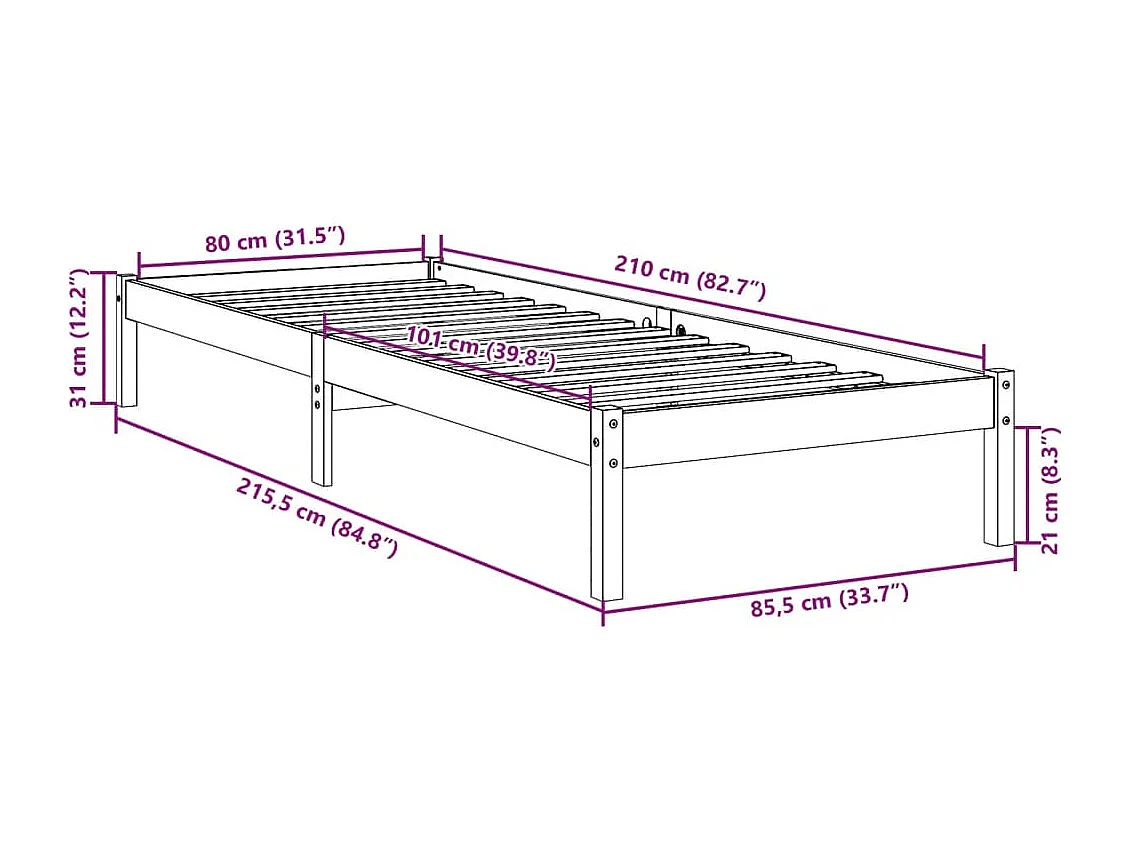 Cadre de lit extra long sans matelas 80x210 cm bois massif pin