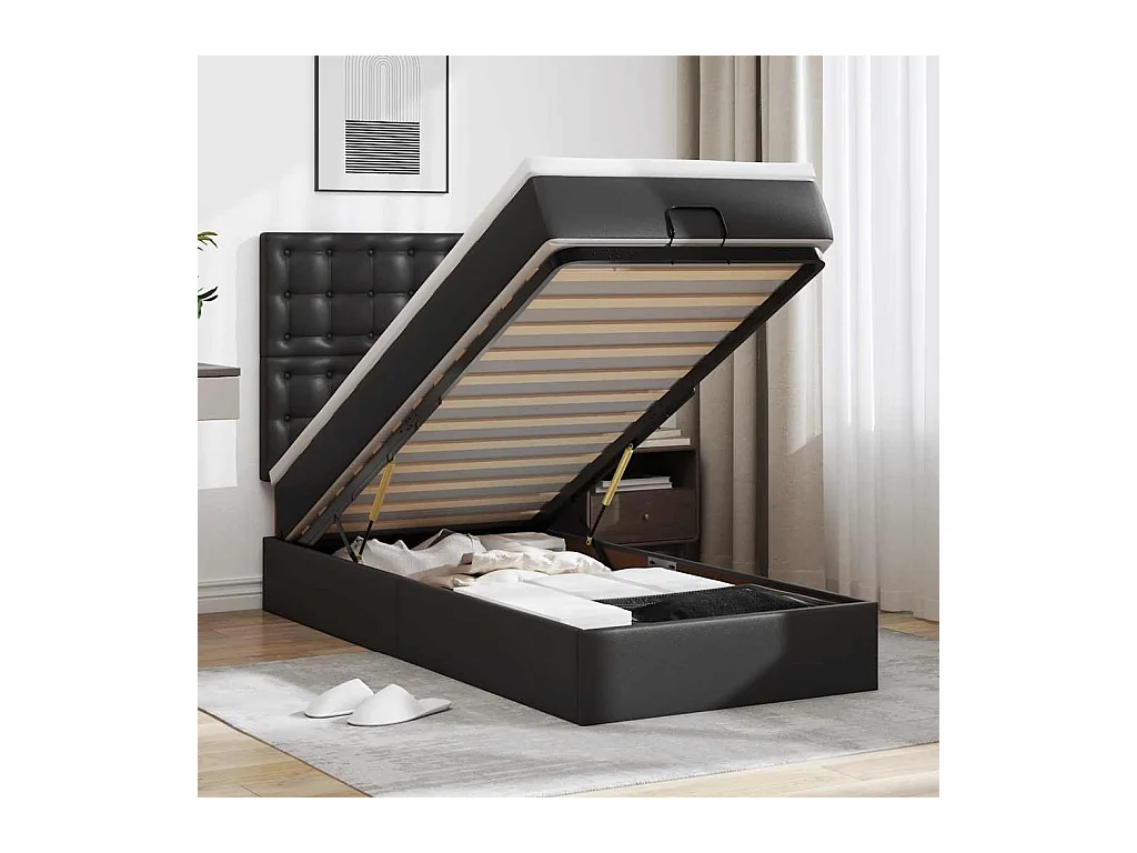 Struttura Letto Pouf con Materasso Nero 80x200 cm Similpelle