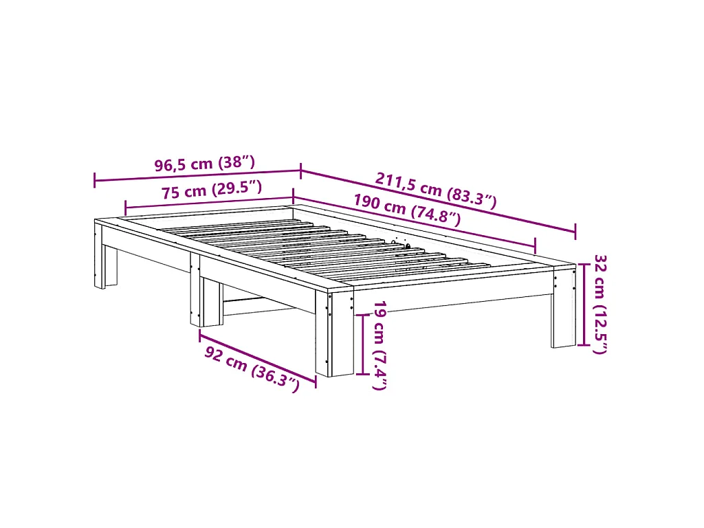 Bedframe zonder matras massief grenenhout wit 75x190 cm