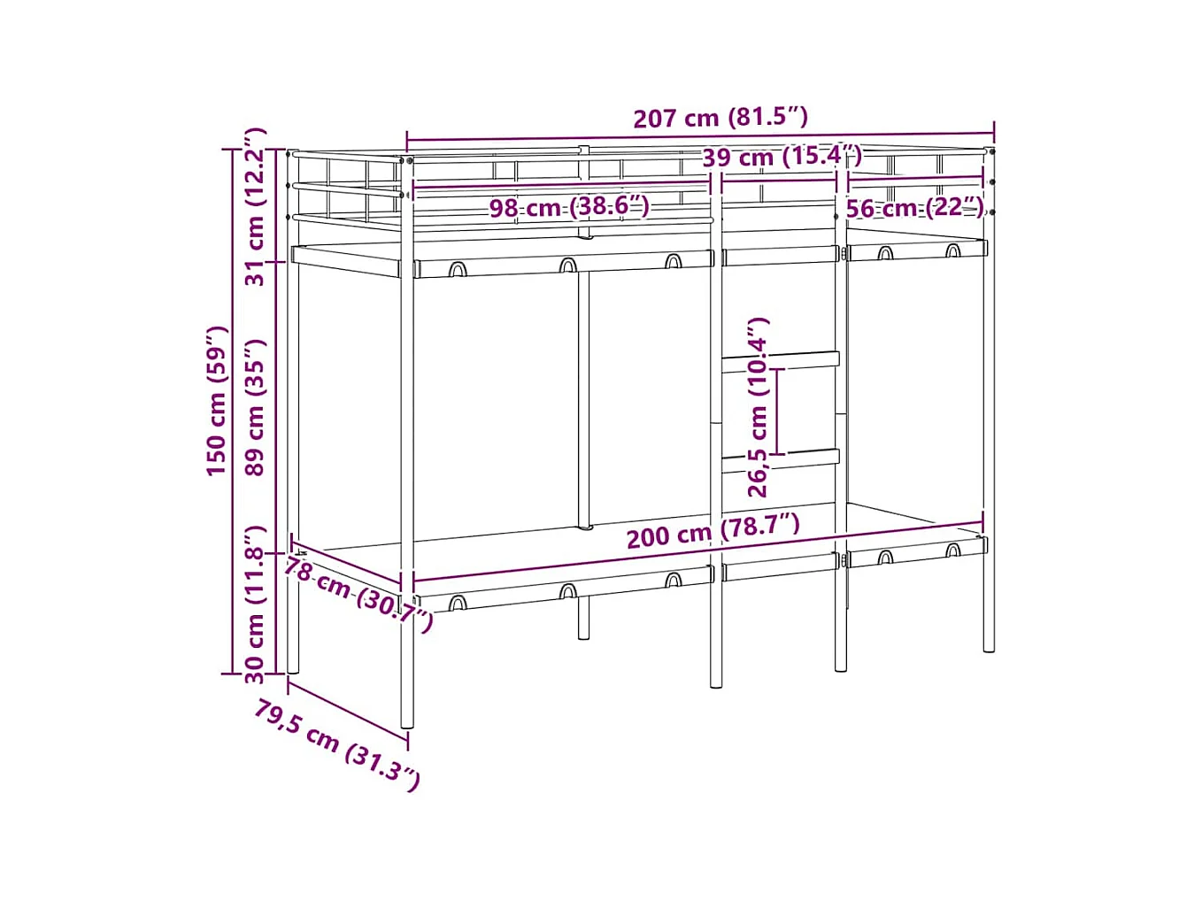 Stapelbed zonder matras 80x200 cm staal zwart