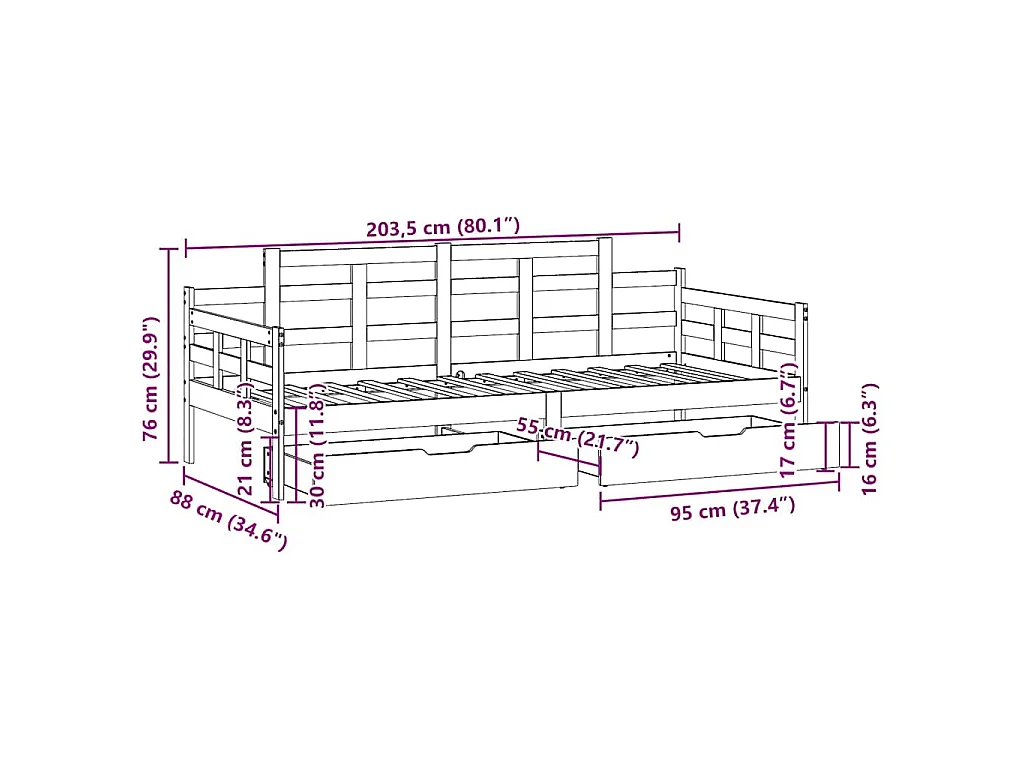 Lit de jour et tiroirs sans matelas blanc 80x200 cm bois massif