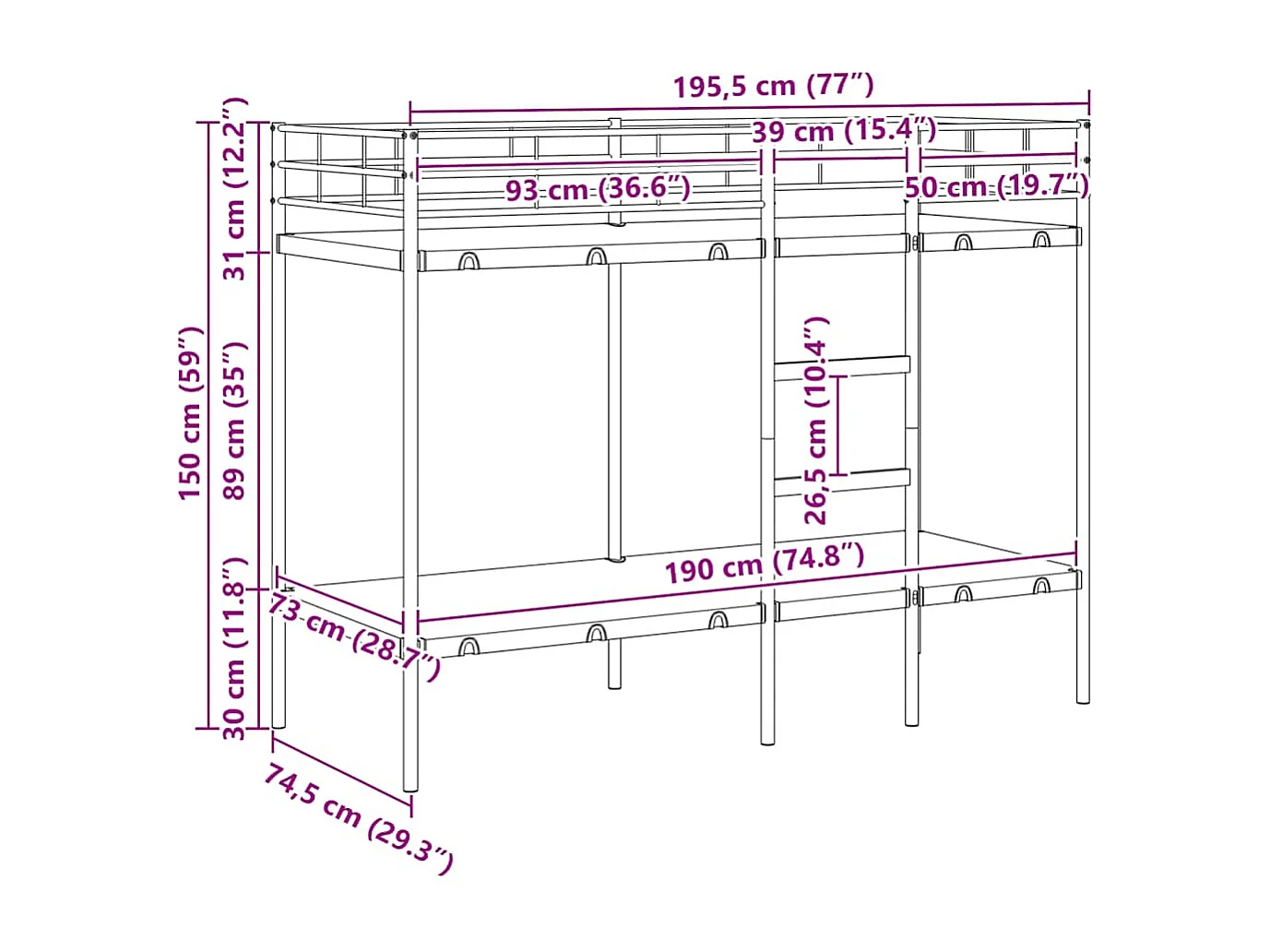 Lit superposé sans matelas blanc 75x190 cm acier