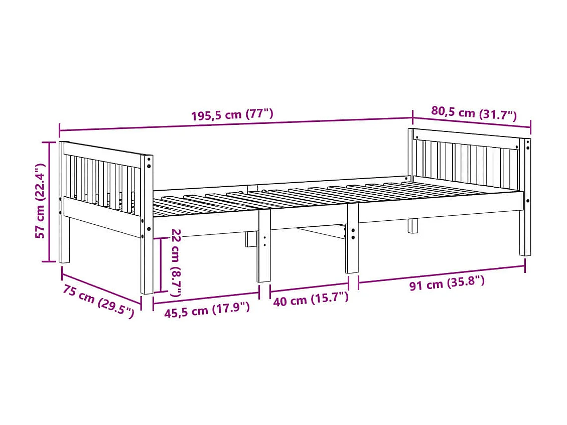 Cama para niños sin colchón madera maciza de pino 75x190 cm
