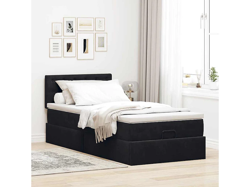 Cama otomana con colchón y luces LED terciopelo negro 80x200cm