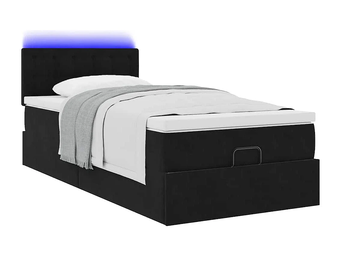 Cama otomana con colchón y luces LED terciopelo negro 80x200cm