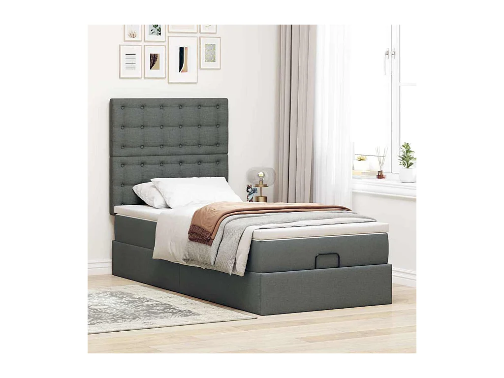 Lit ottoman avec matelas et LED Gris foncé 80x200cm tissu
