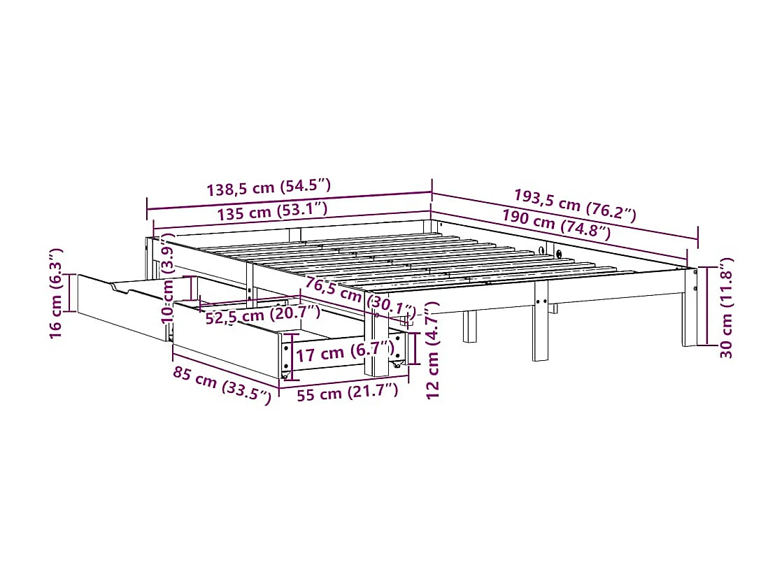 Bedframe met lades massief grenenhout 135x190 cm