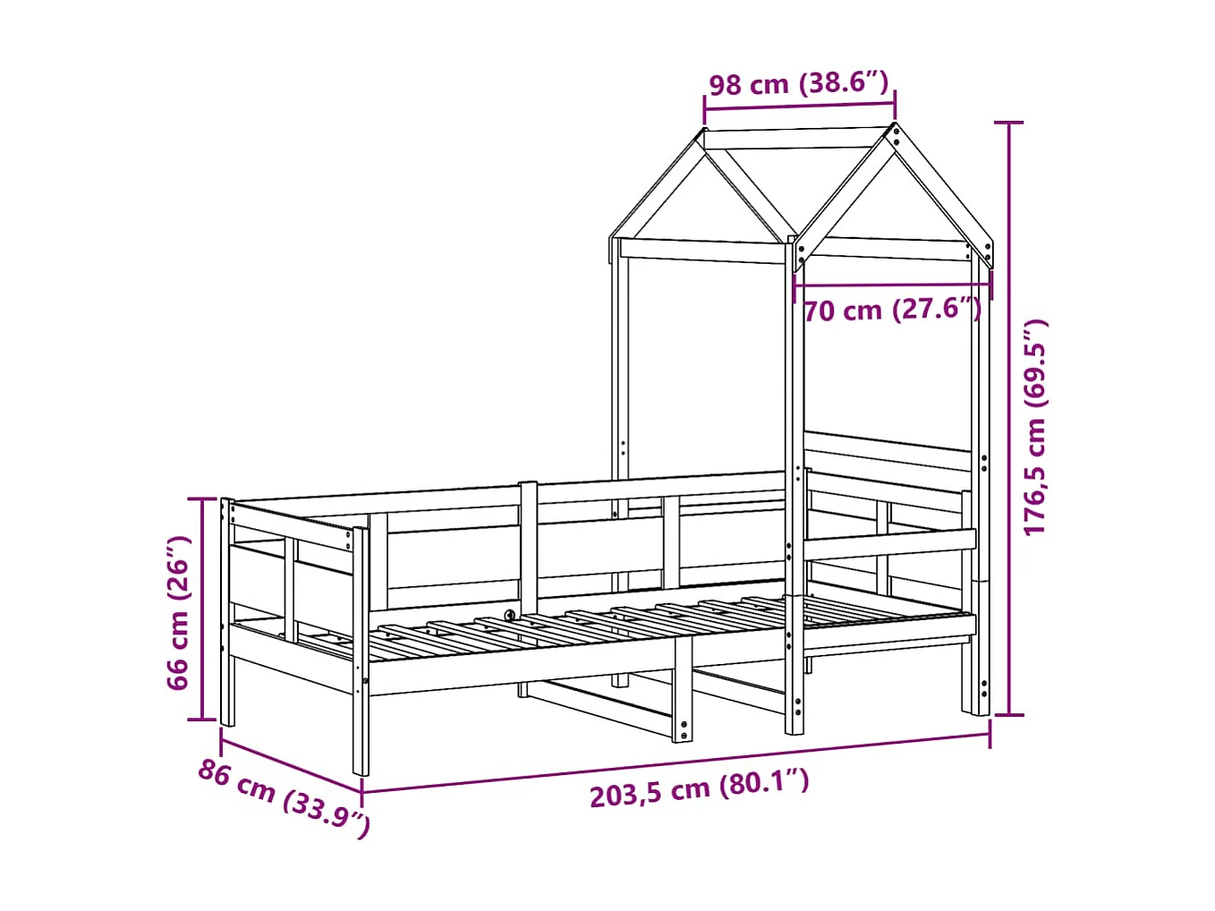 Lit de jour avec toit sans matelas 80x200 cm bois massif