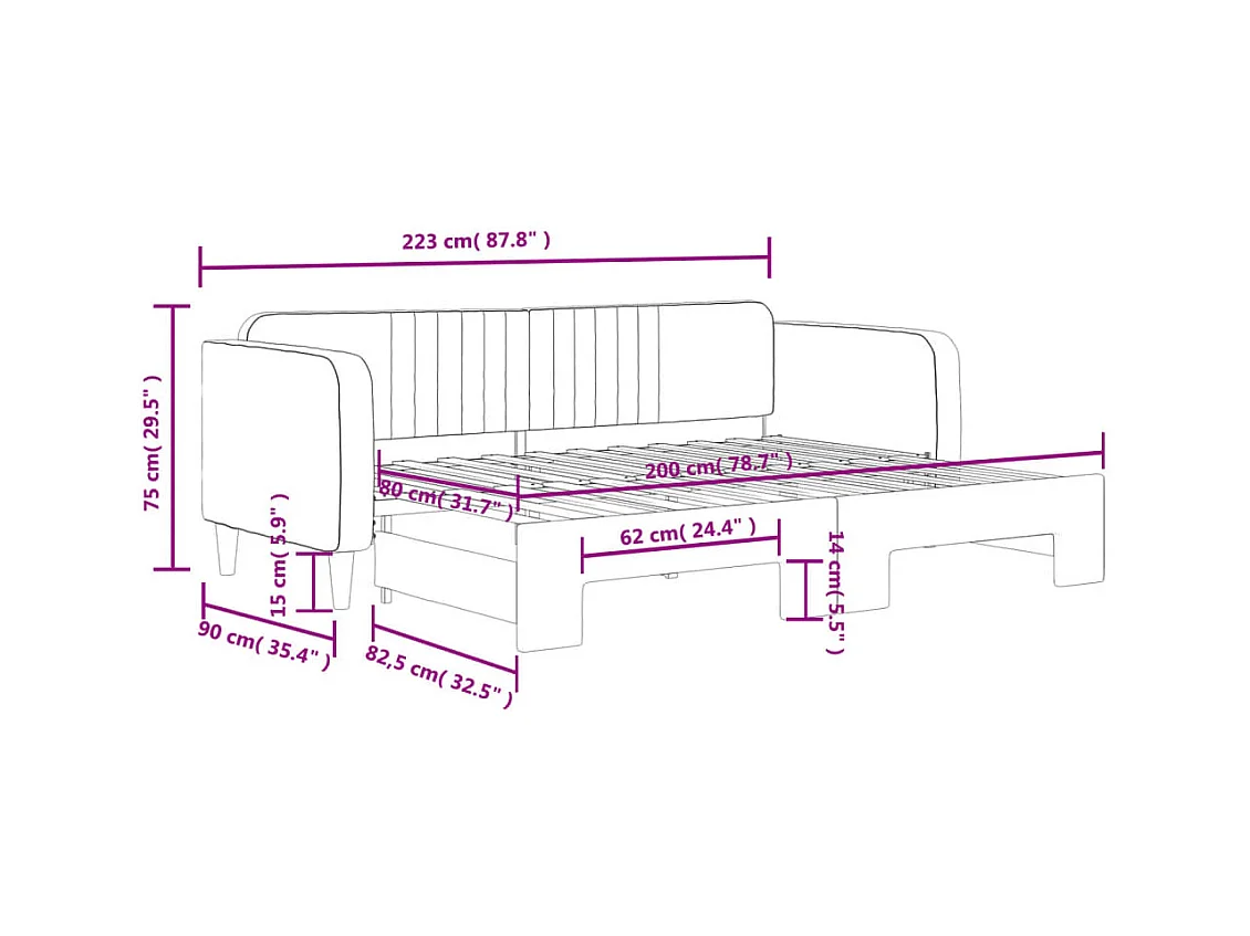 Lit de jour avec gigogne sans matelas gris foncé 80x200 cm