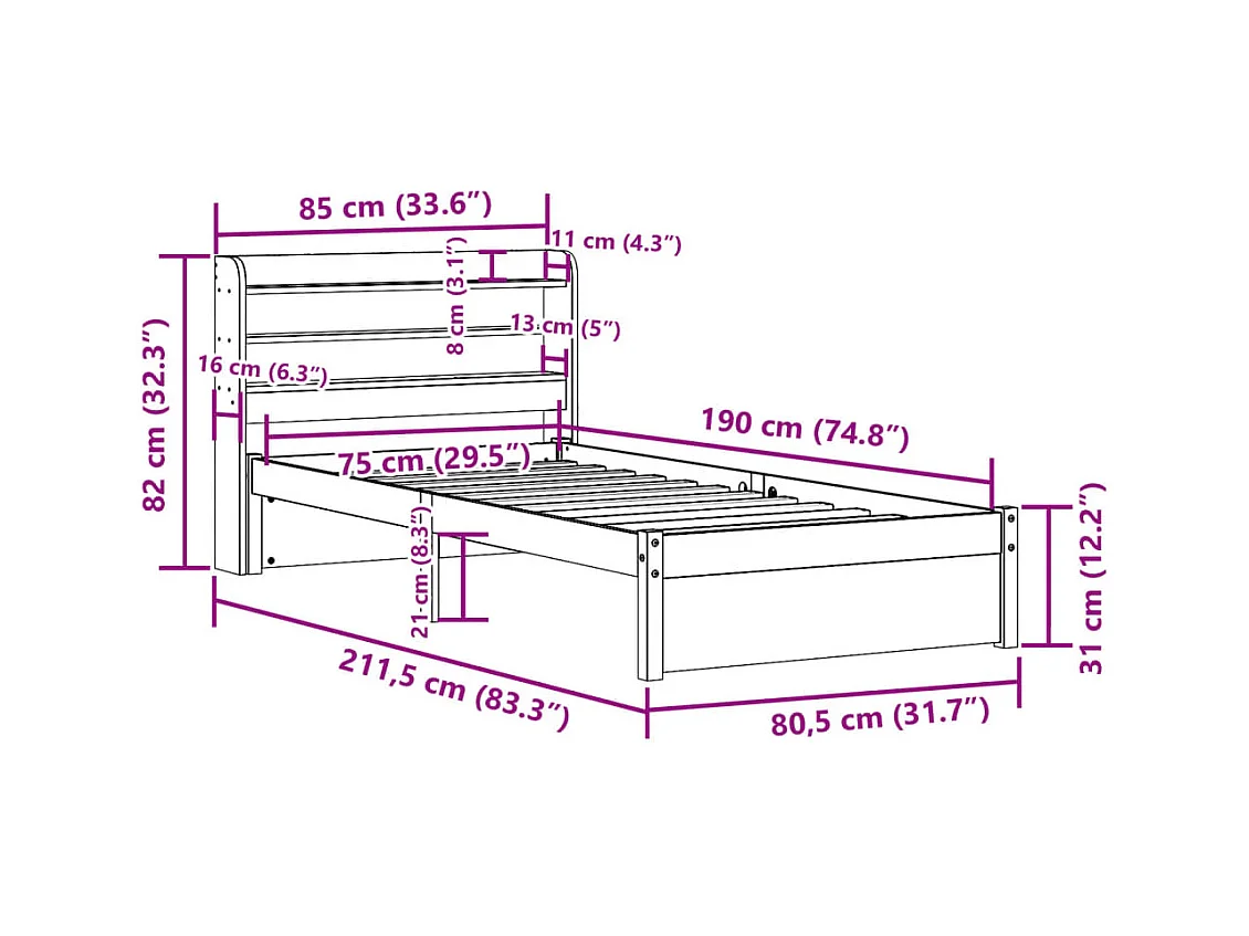 Bedframe met hoofdbord massief grenenhout 75x190 cm