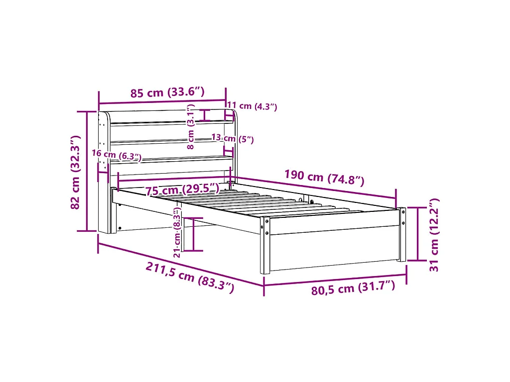 Cadre de lit avec tête de lit sans matelas 75x190 cm