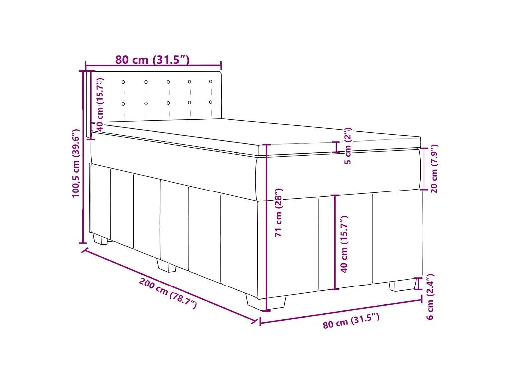 Cama box spring con colchón tela negro 80x200 cm