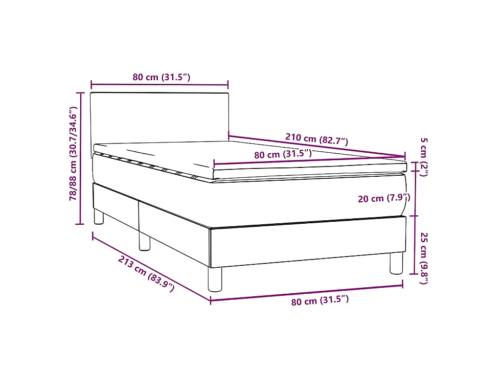 Cama box spring con colchón terciopelo gris claro 80x210 cm