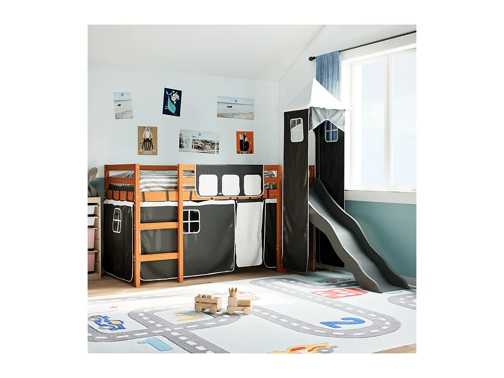 Kinderhochbett mit Turm Weiß & Schwarz 80x200 cm Kiefernholz
