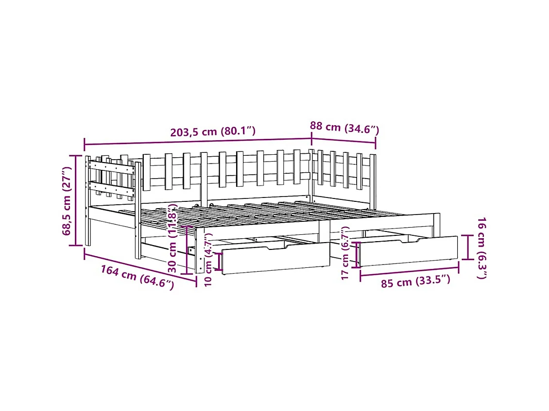 Lit de jour avec gigogne et tiroirs sans matelas 80x200 cm
