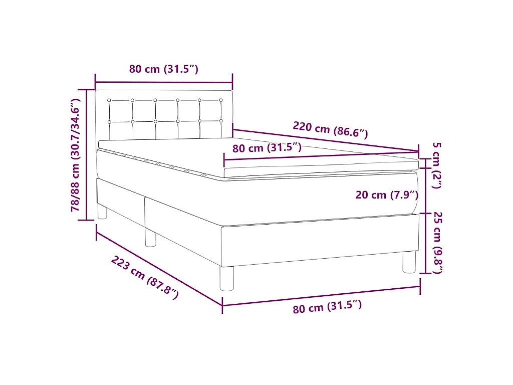 Cama box spring con colchón terciopelo rosa 80x220 cm