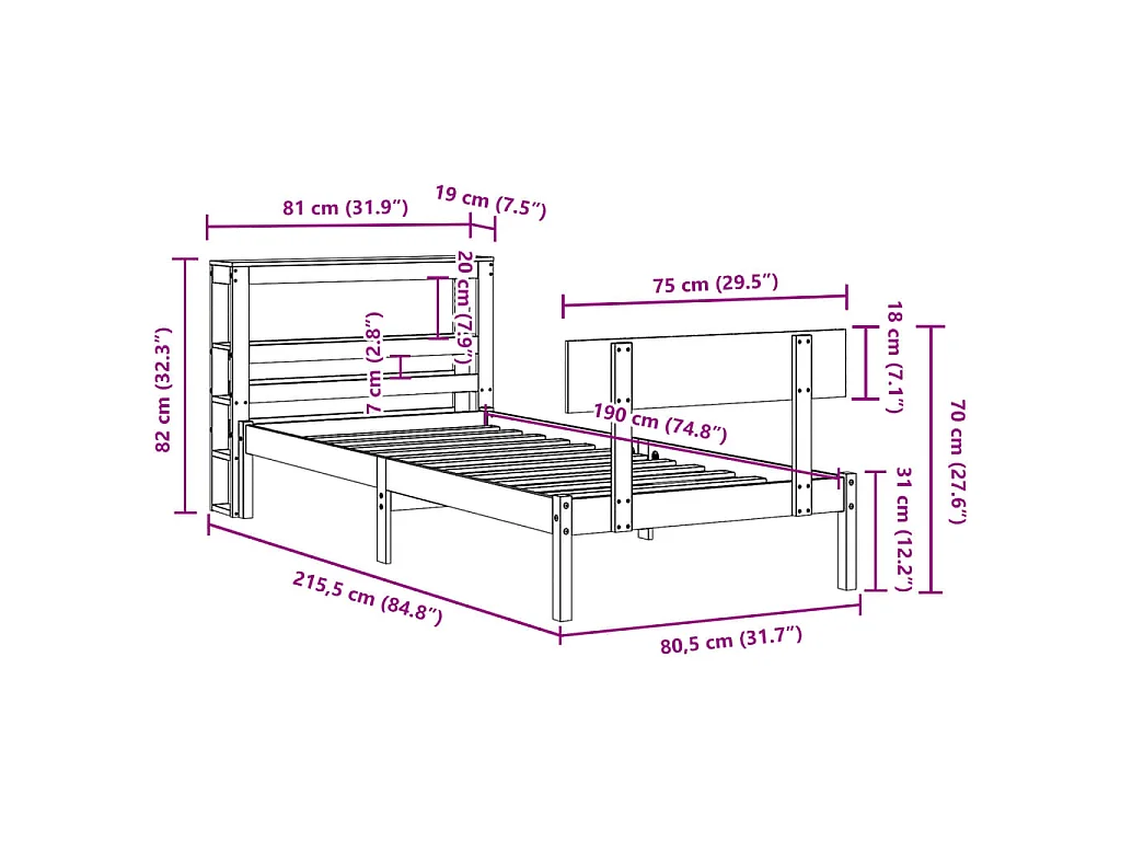 Bedframe zonder matras massief grenenhout wit 75x190 cm