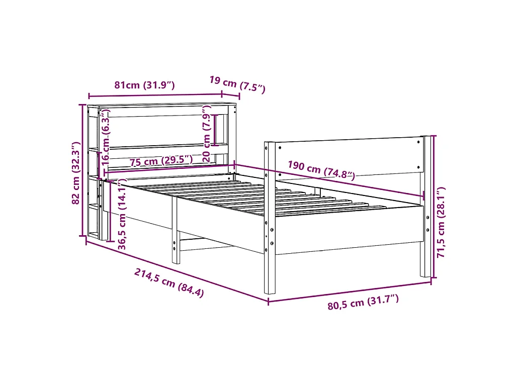 Bedframe zonder matras massief grenenhout wasbruin 75x190 cm