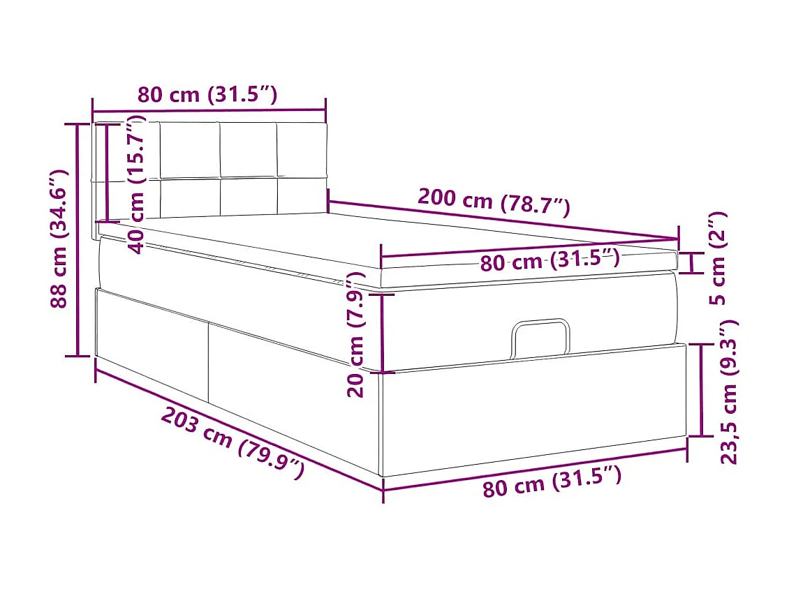 Cama otomana con colchón y LED terciopelo azul oscuro 80x200 cm