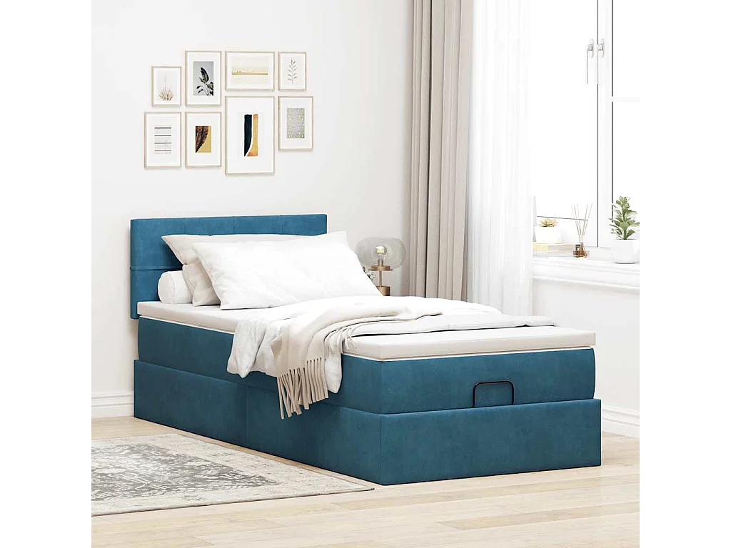 Cama otomana con colchón y LED terciopelo azul oscuro 80x200 cm