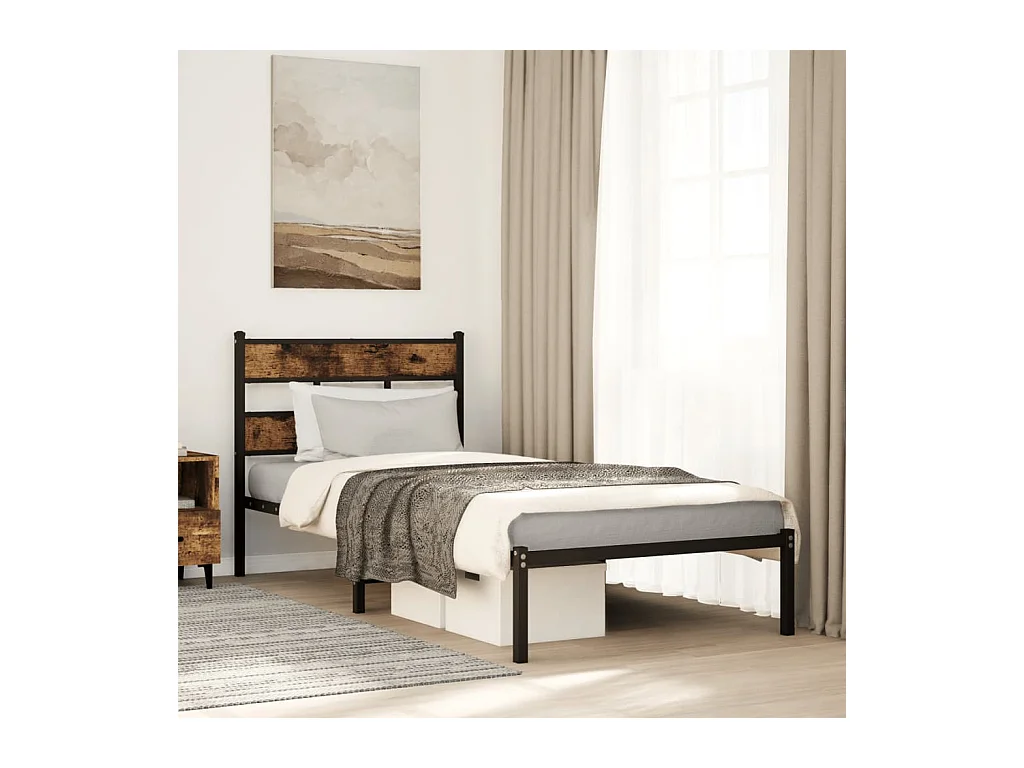 Cadre de lit en métal sans matelas chêne fumé 75x190 cm