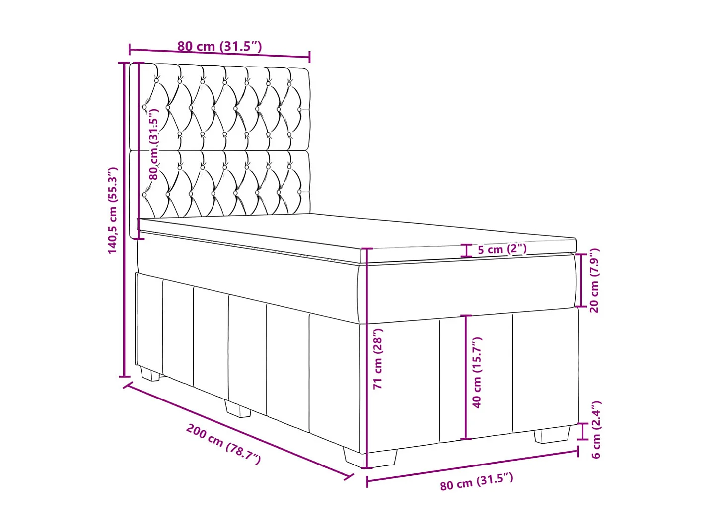 Cama box spring con colchón tela gris claro 80x200 cm