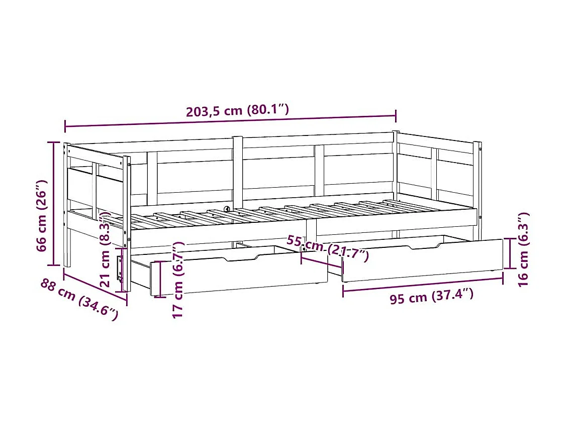 Lit de jour avec tiroirs sans matelas 80x200 cm bois massif