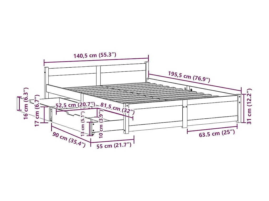 Cadre de lit sans matelas blanc 135x190 cm bois de pin massif