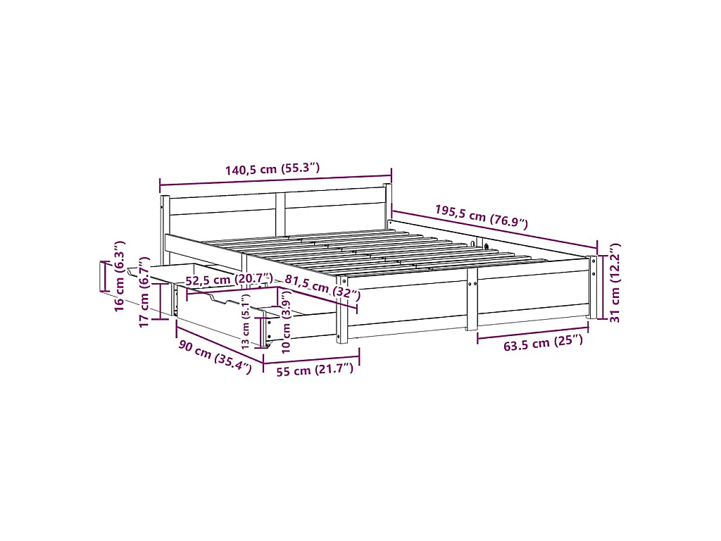 Estructura de cama sin colchón madera de pino blanco 135x190 cm