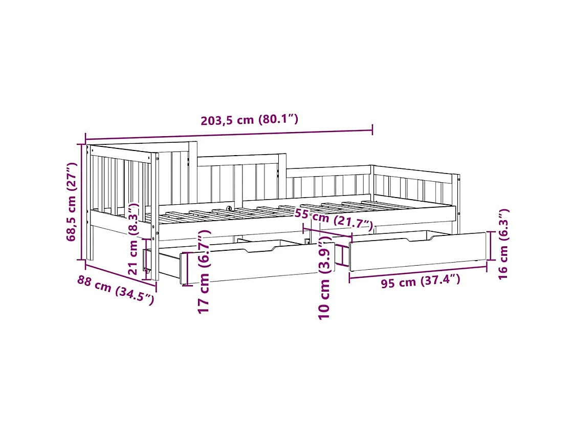 Lit de jour et tiroirs sans matelas blanc 80x200 cm bois massif