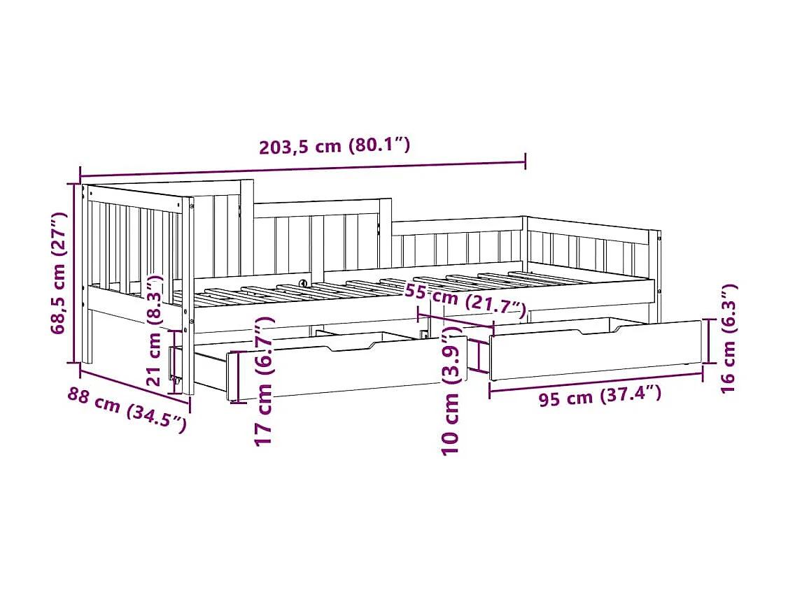 Tagesbett mit Schubladen Weiß 80x200 cm Kiefernholz
