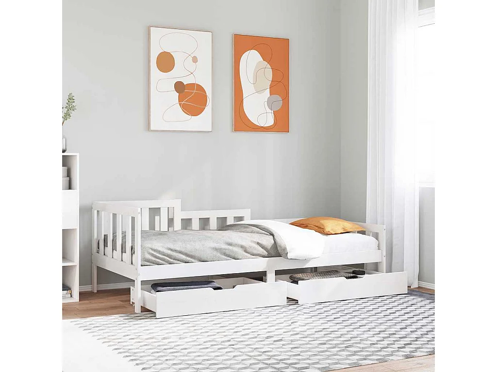 Dormeuse con Cassetti Bianca 80x200 cm Legno Massello di Pino