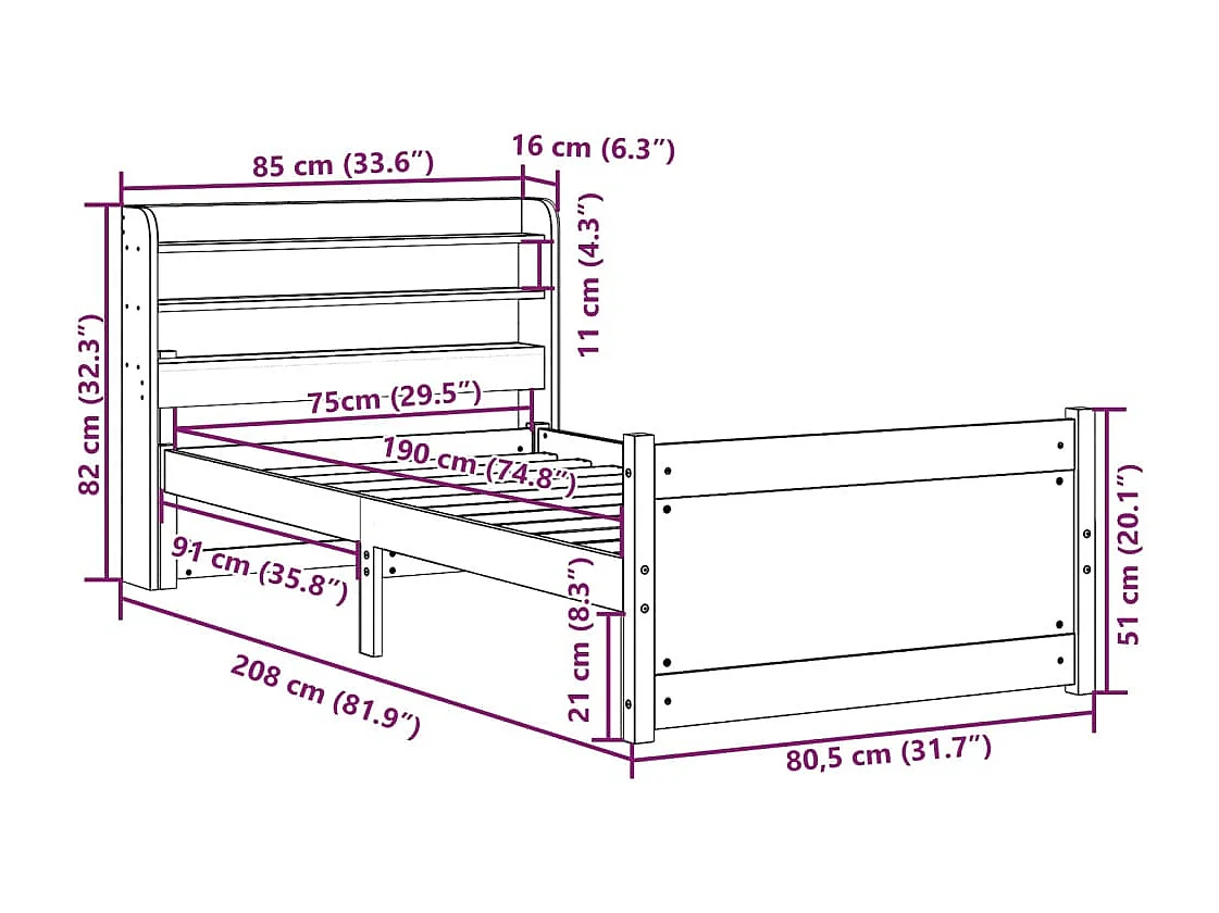 Cadre de lit avec tête de lit sans matelas 75x190 cm