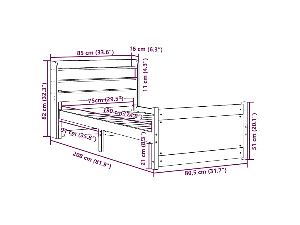 Bettgestell mit Kopfteil ohne Matratze 75x190 cm