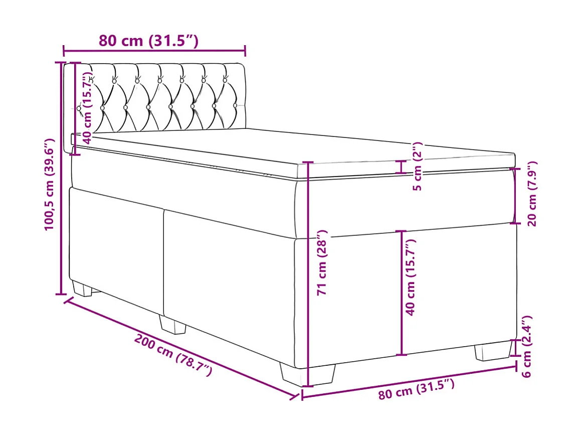Cama box spring con colchón terciopelo rosa 80x200 cm