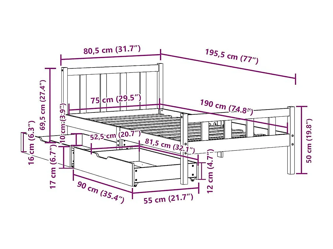 Letto senza Materasso Marrone Cera 75x190 cm in Legno di Pino