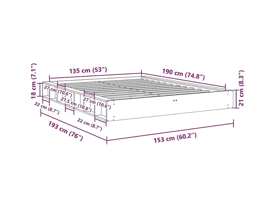 Struttura Letto Senza Materasso 135x190 cm in Legno di Rovere