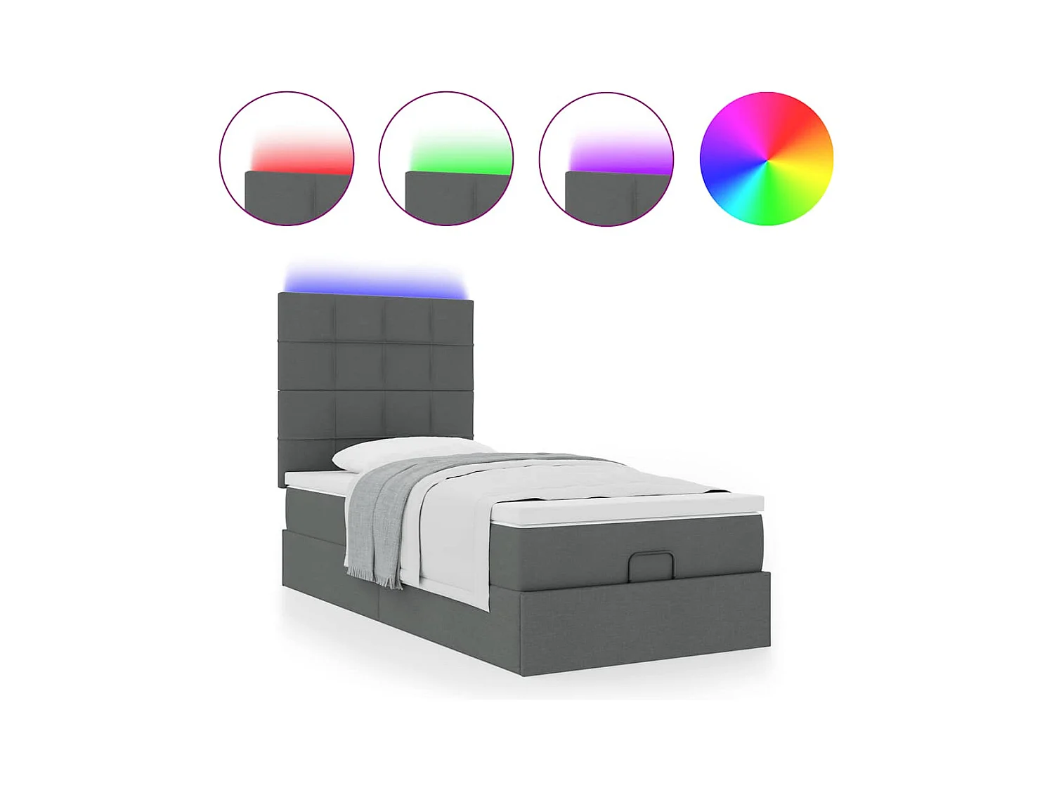 Lit ottoman avec matelas et LED Gris foncé 80x200cm tissu