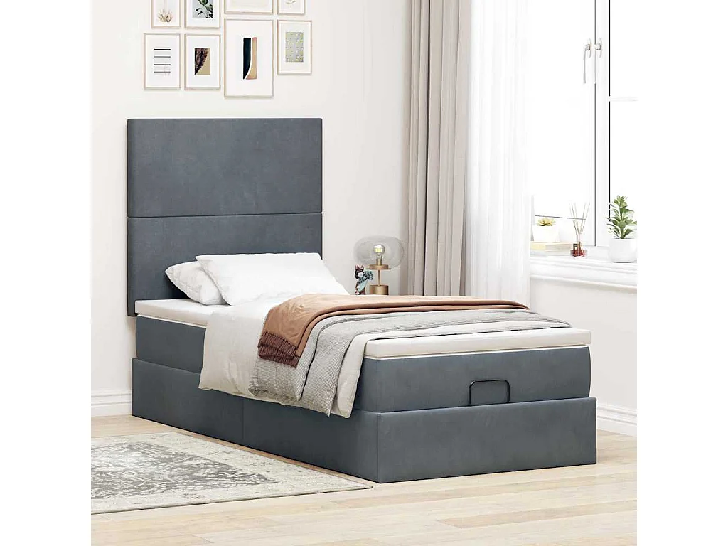 Estrutura cama otomana colchões 80x200cm veludo cinzento escuro