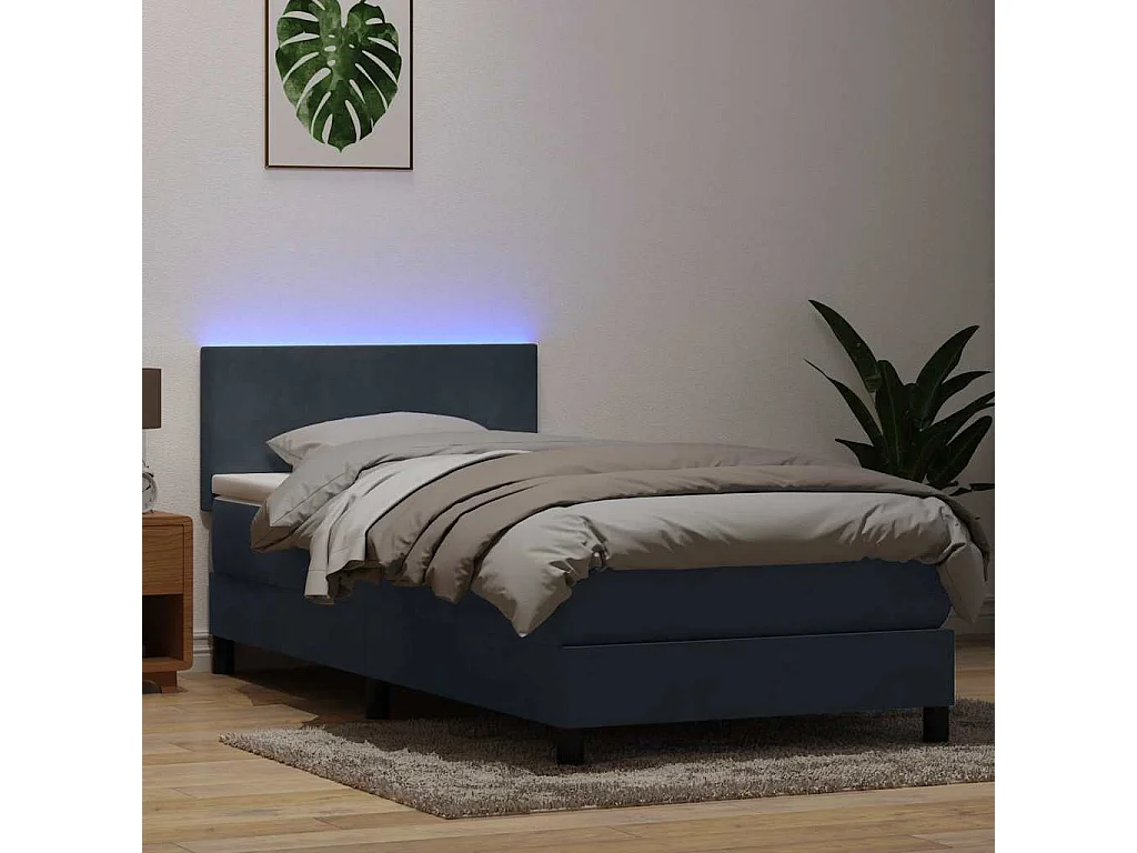 Cama box spring con colchón y LED terciopelo gris oscuro 80x220 cm