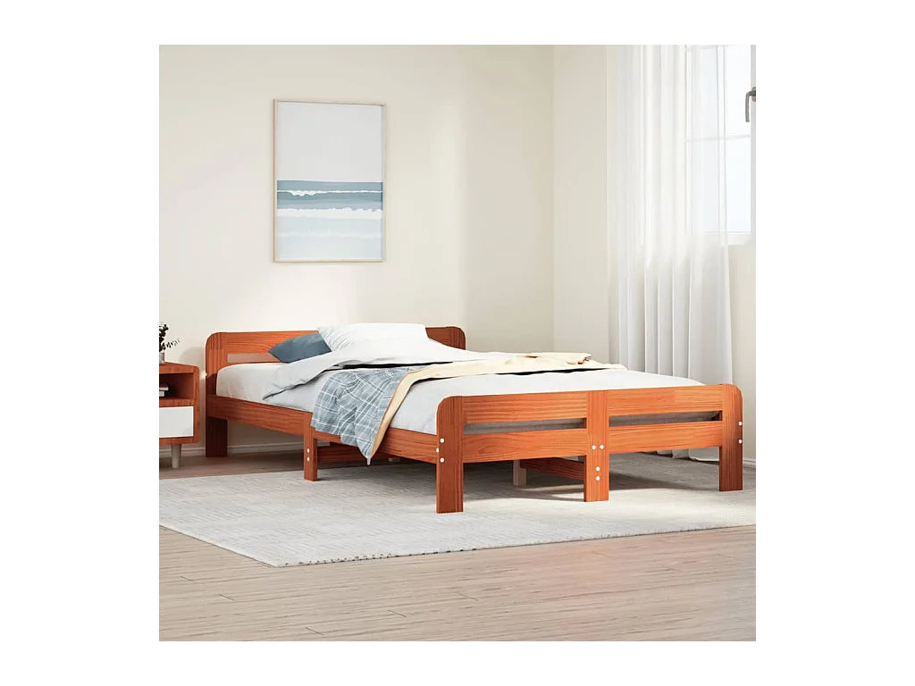 Cadre de lit sans matelas cire marron 135x190cm bois pin massif