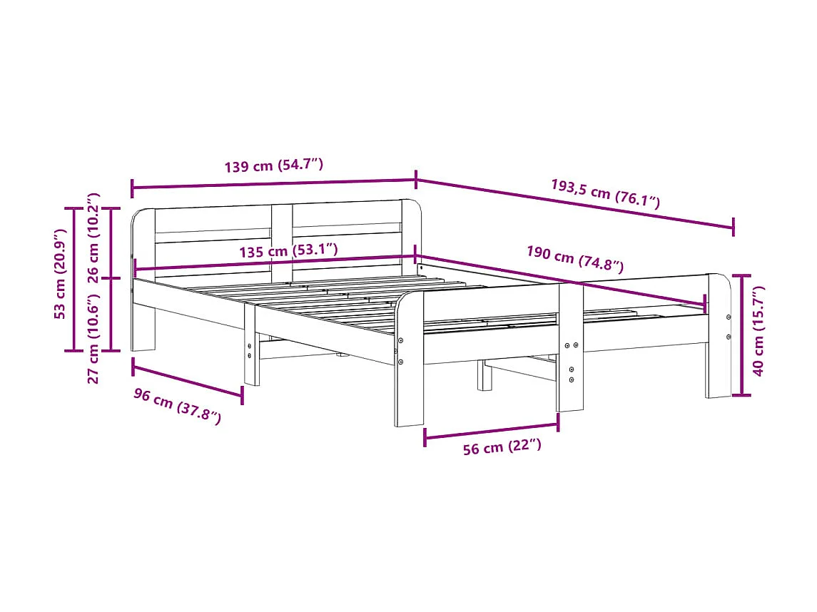 Cadre de lit sans matelas cire marron 135x190cm bois pin massif