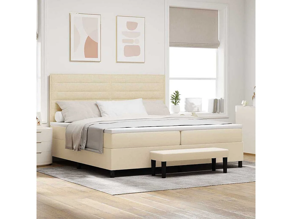 Cama Box com colchão com cabeceira Creme 200 x 200 cm tecido