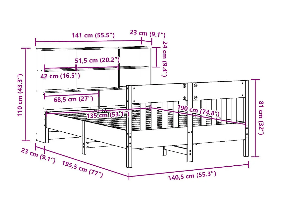 Cadre de lit sans matelas cire marron 135x190cm bois pin massif