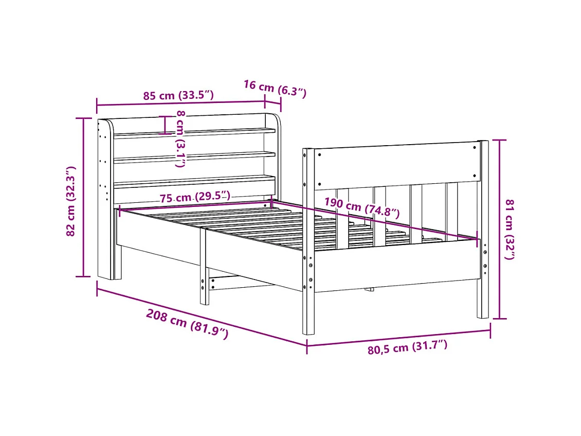 Cadre de lit sans matelas 75x190 cm bois de pin massif