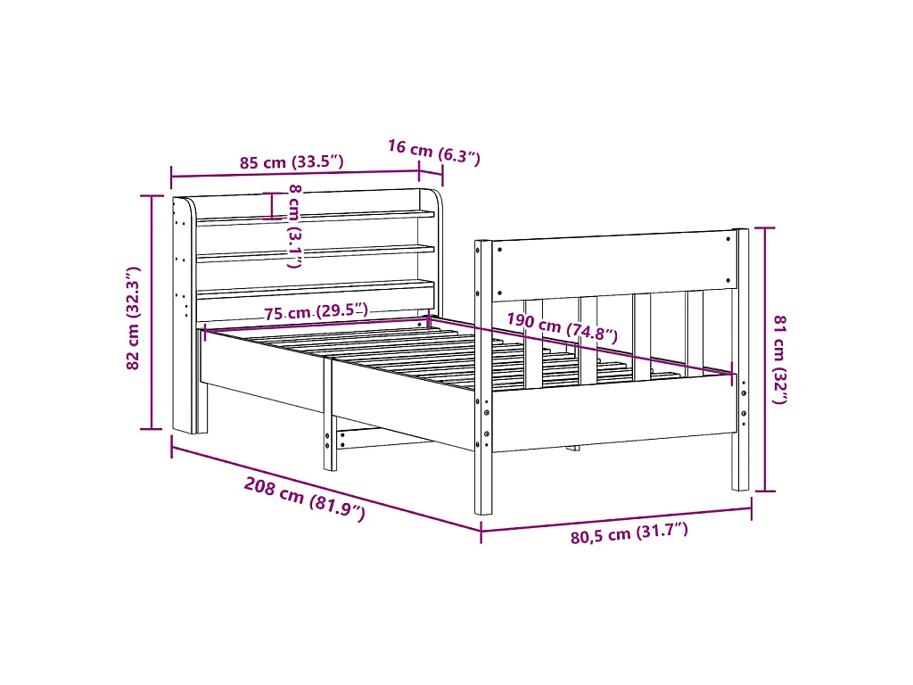 Bedframe zonder matras massief grenenhout 75x190 cm