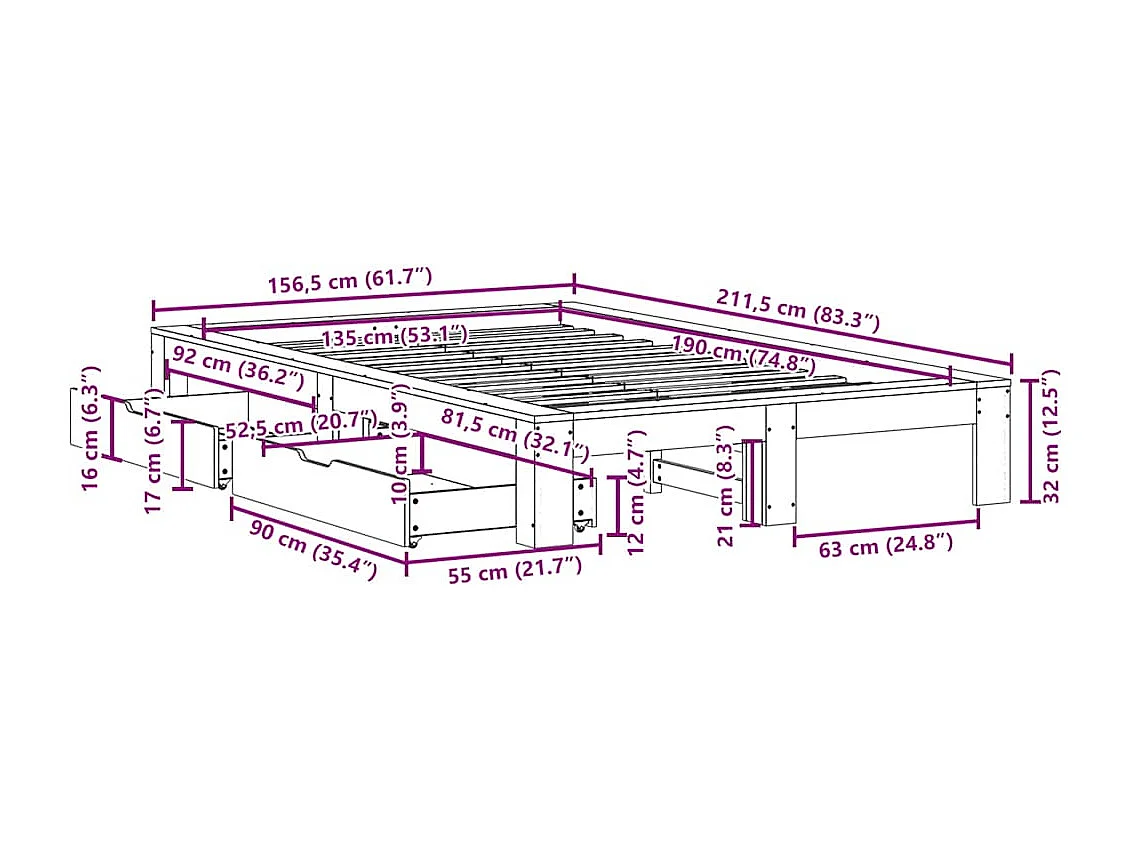 Cadre de lit sans matelas 135x190 cm bois de pin massif